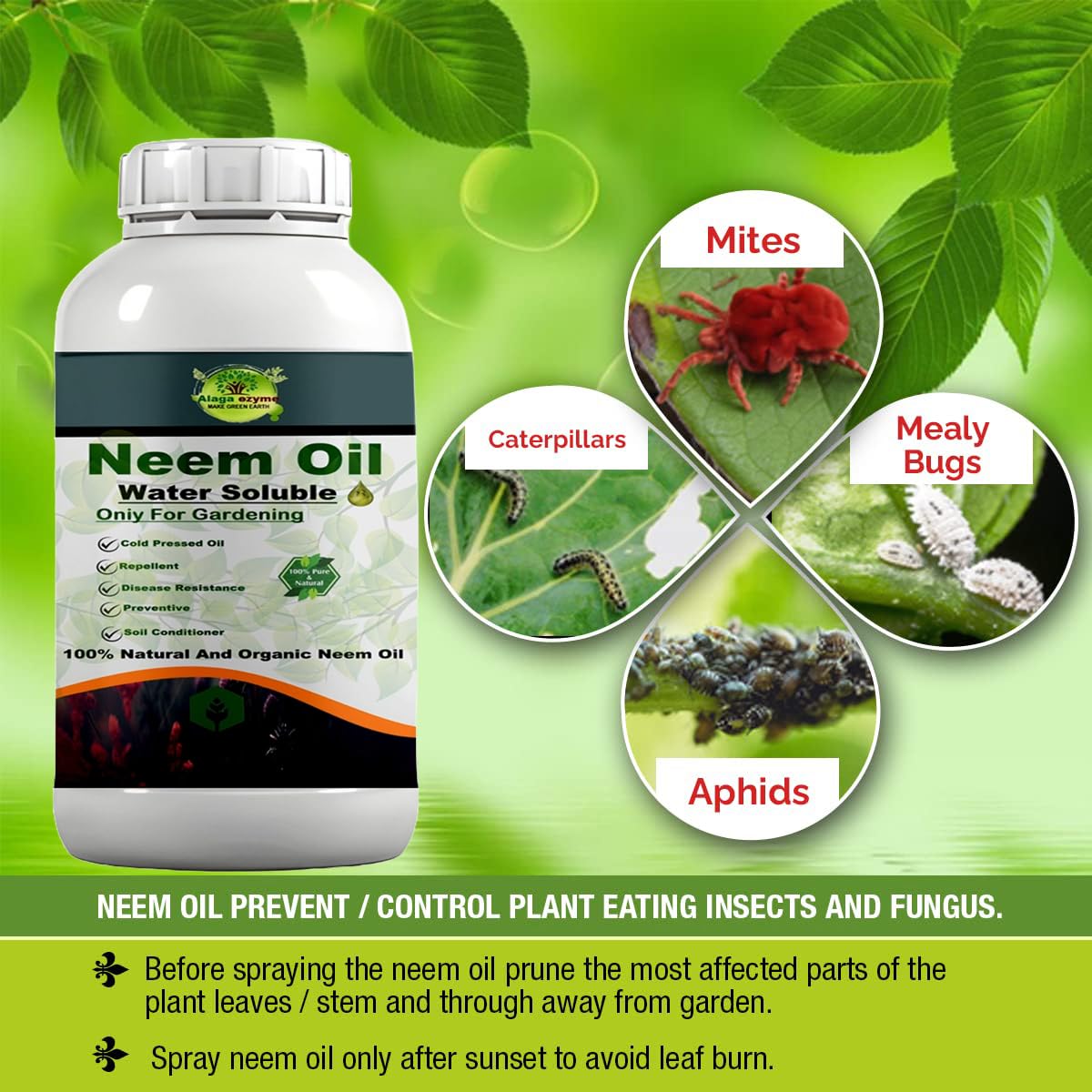 Alagaezyme Neem Oil 3000 PPM. Neem Oil for Plants. Water Soluble. Spray on Plants and Gardens. Neem Oil for Plants Insects Spray, Agriculture, Crops. Effective Emulsifier. (250 ml)