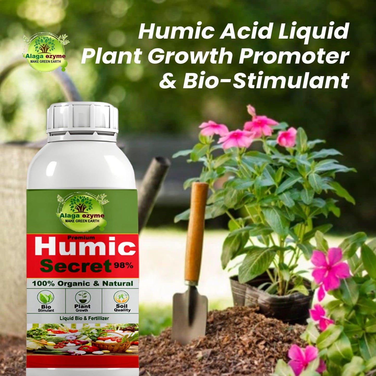 Alagaezyme Boost Plant Growth with Pure 98% Humic Acid - Organic Nutrient for Gardens Organic Liquid Fertilizer for Plants, Soil Conditioner & Root Growth Promoter - 100% Water Soluble (500 ml)