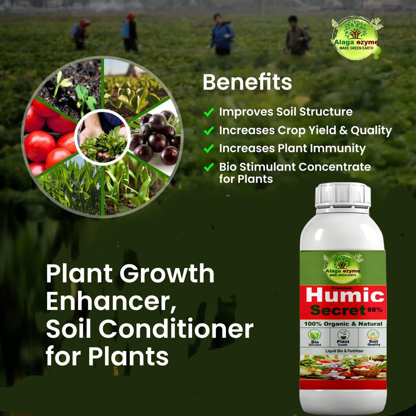 Alagaezyme Boost Plant Growth with Pure 98% Humic Acid - Organic Nutrient for Gardens Organic Liquid Fertilizer for Plants, Soil Conditioner & Root Growth Promoter - 100% Water Soluble (500 ml)